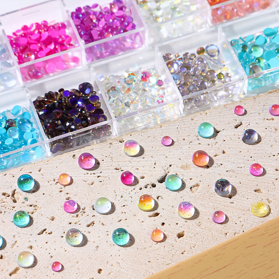 12 Grids Sparkly Mermaid Round Beads Nail Art Decorations Mixed Size Charm Acrylic Macaron Bubble Manicure Ornaments Accessories