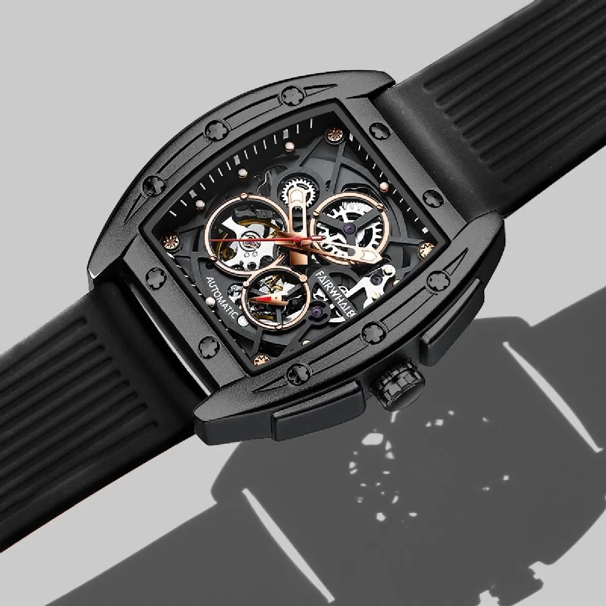 Orologi meccanici di moda cinturino in Silicone da uomo Sport orologio automatico di alta qualità orologio da polso a forma di Tonneau prodotti gratuiti doganali