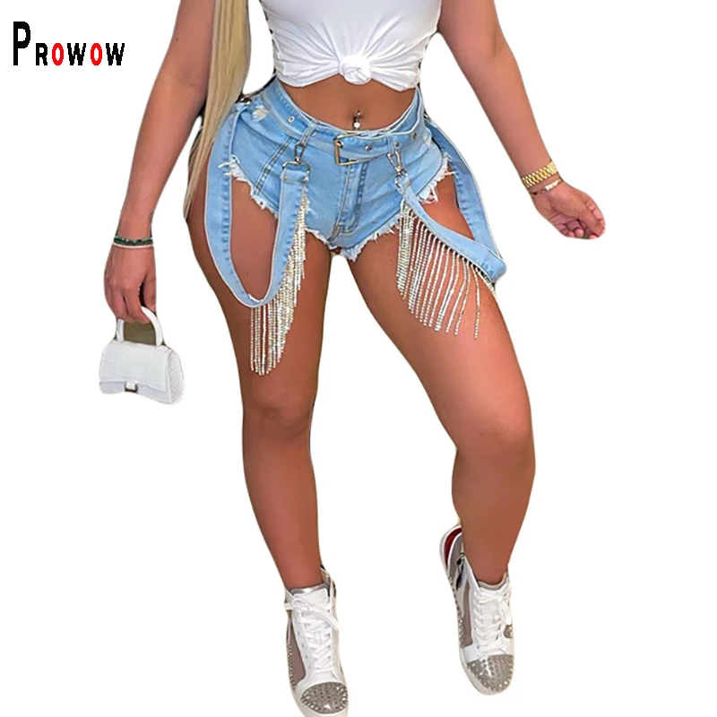 Prowow Fashion Diamond Tassel Women Shorts Summer Denim Super Short Pant New Design Y2k Style Boutique Jeans for Party Club