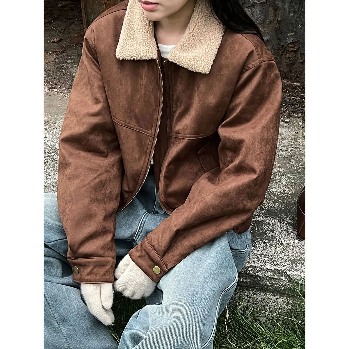2025 Retro Style Suede Lapel Splicing Short Coat Women's Winter New Warm Cotton Jacket Top