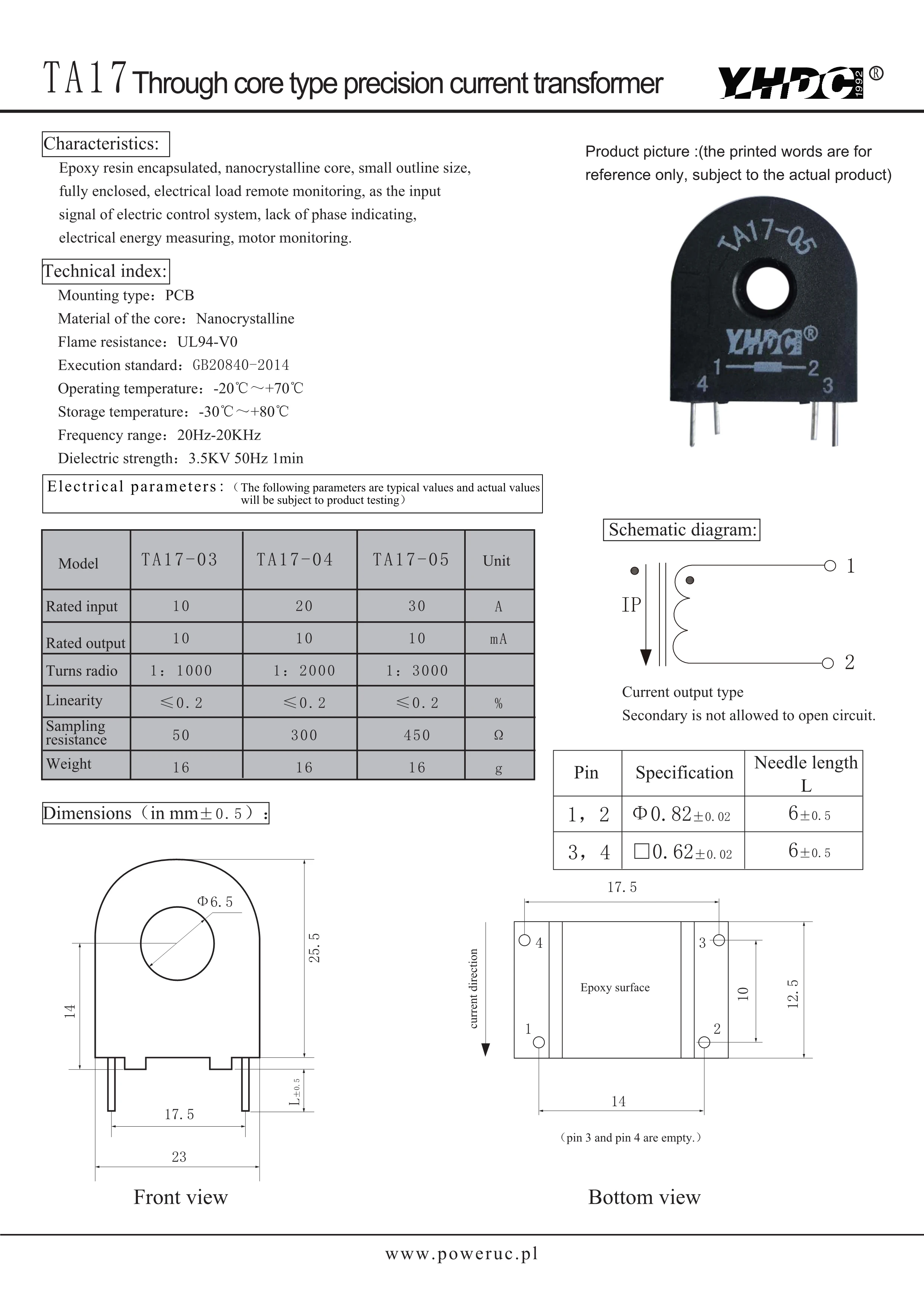 YHDC  TA17-03/04/05 Input 10A/20A/30A Output 10mA Through Core Type Precision Current Transformer PCB