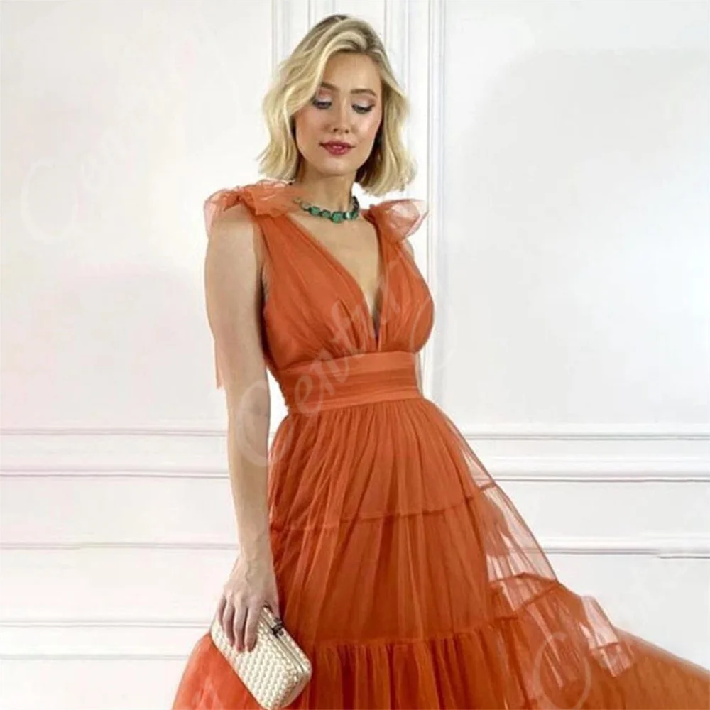 Double V Neck Prom Dress Orange Tulle Customized Celebrity Dresses Women\'s Evening Dress A Line Tiered Pleated Formal Party Gown