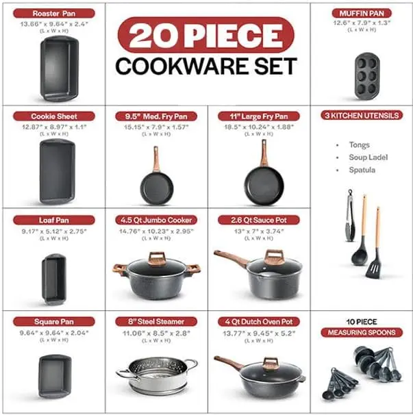 20-Piece Kitchen Cookware Set – Granite Non-Stick – Eco-Friendly – for All Stoves & Oven-Safe - Marble coating