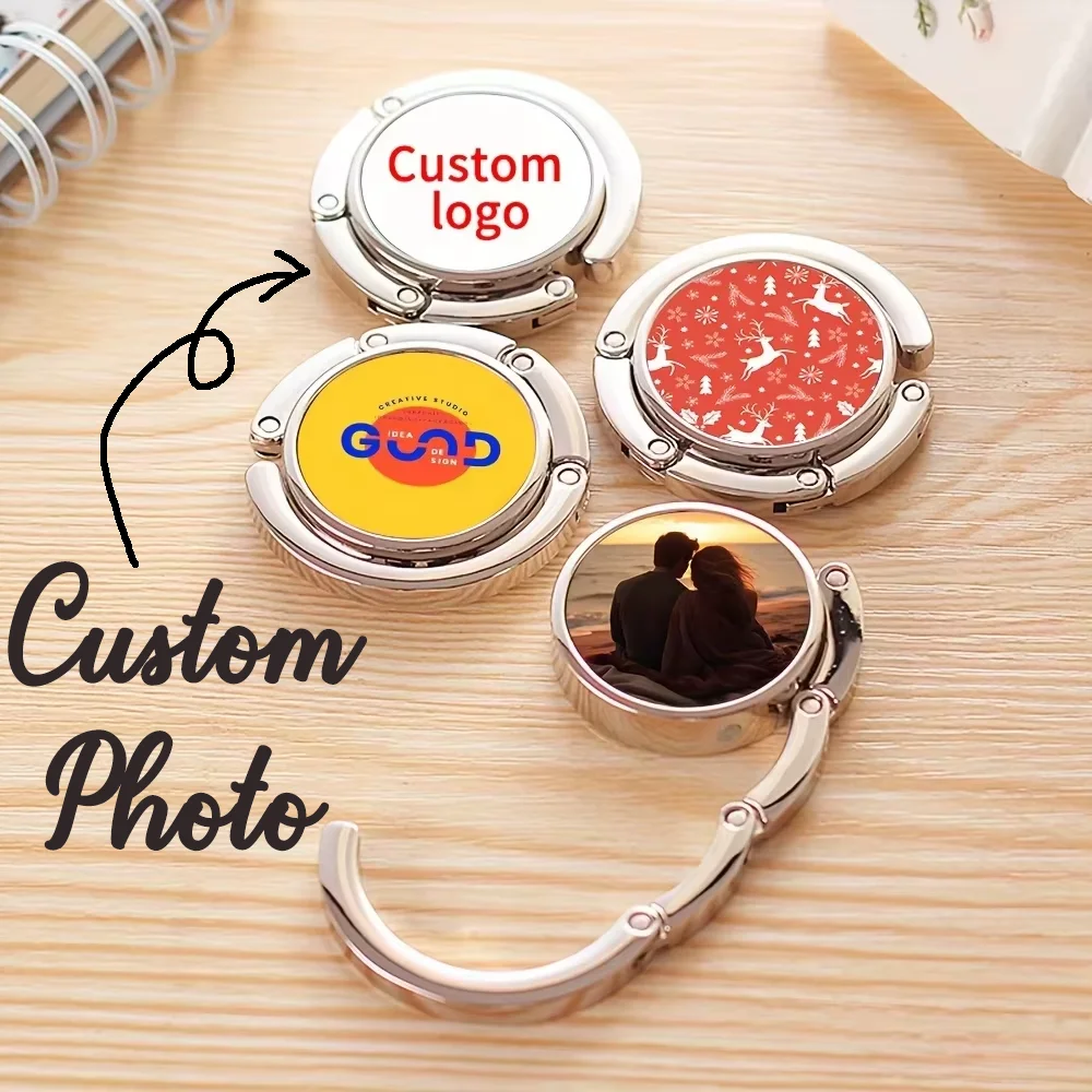 Custom Photo/Logo Portable Folding Bag Hook Personalised Metal Bag Hook Durable Stylish Suitable for Handbags Wallets Rucksacks