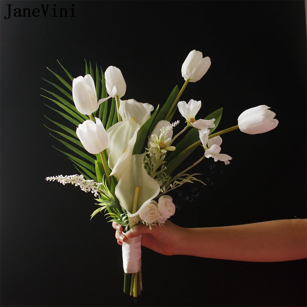 JaneVini-ramo de lirios blancos Para novia, Flores artificiales de tulipán bohemio Para dama de honor, ramo de Flores Para Boda