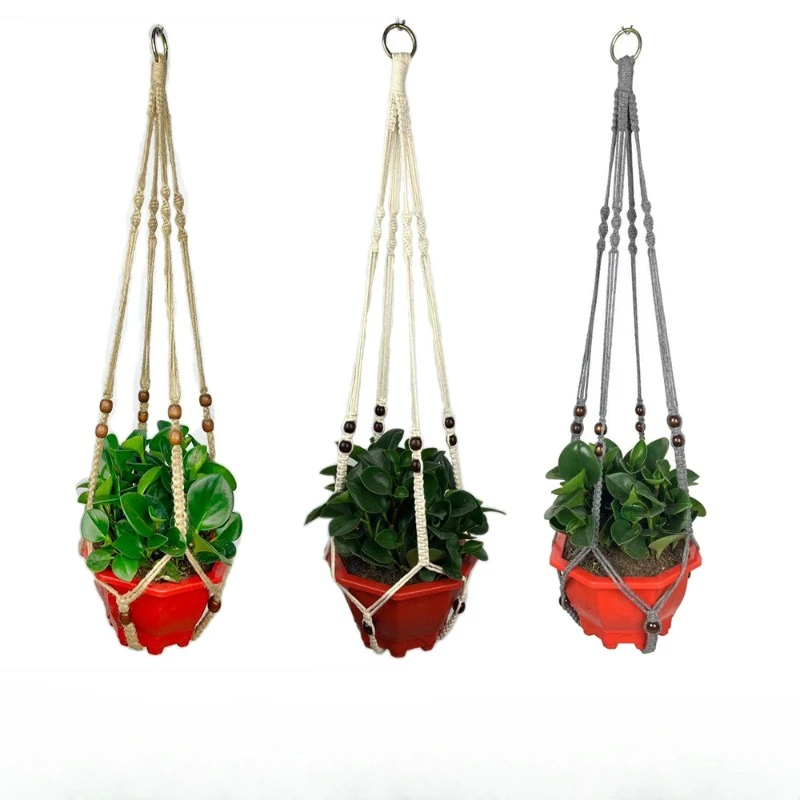 

Pure Hand-woven Mesh Bags Cotton Rope Planter Boho Style Hanging Plant Basket Frame