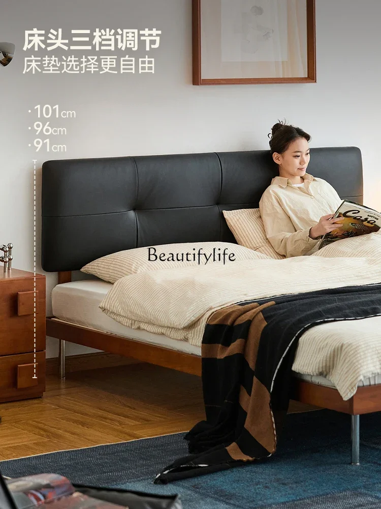 

yj21 Black leather bed, Italian minimalist style, solid wood upholstered bed