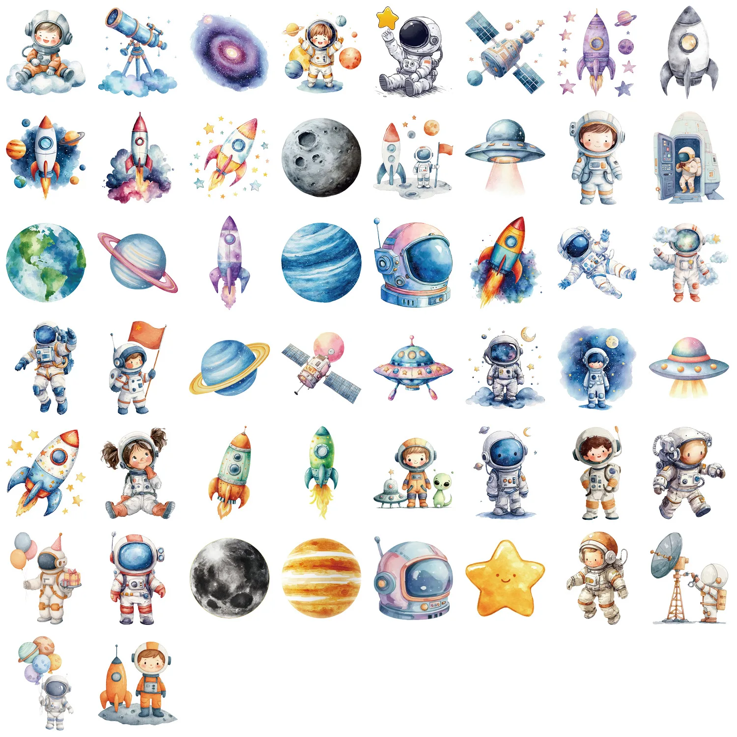 สติกเกอร์ PET ลายอวกาศนักบินอวกาศ 10/30/50 ชิ้น สำหรับตกแต่งกระเป๋าเดินทาง สเก็ตบอร์ด แล็ปท็อป ตู้เย็น โทรศัพท์ รถยนต์ และของใช้ในบ้าน ﻿