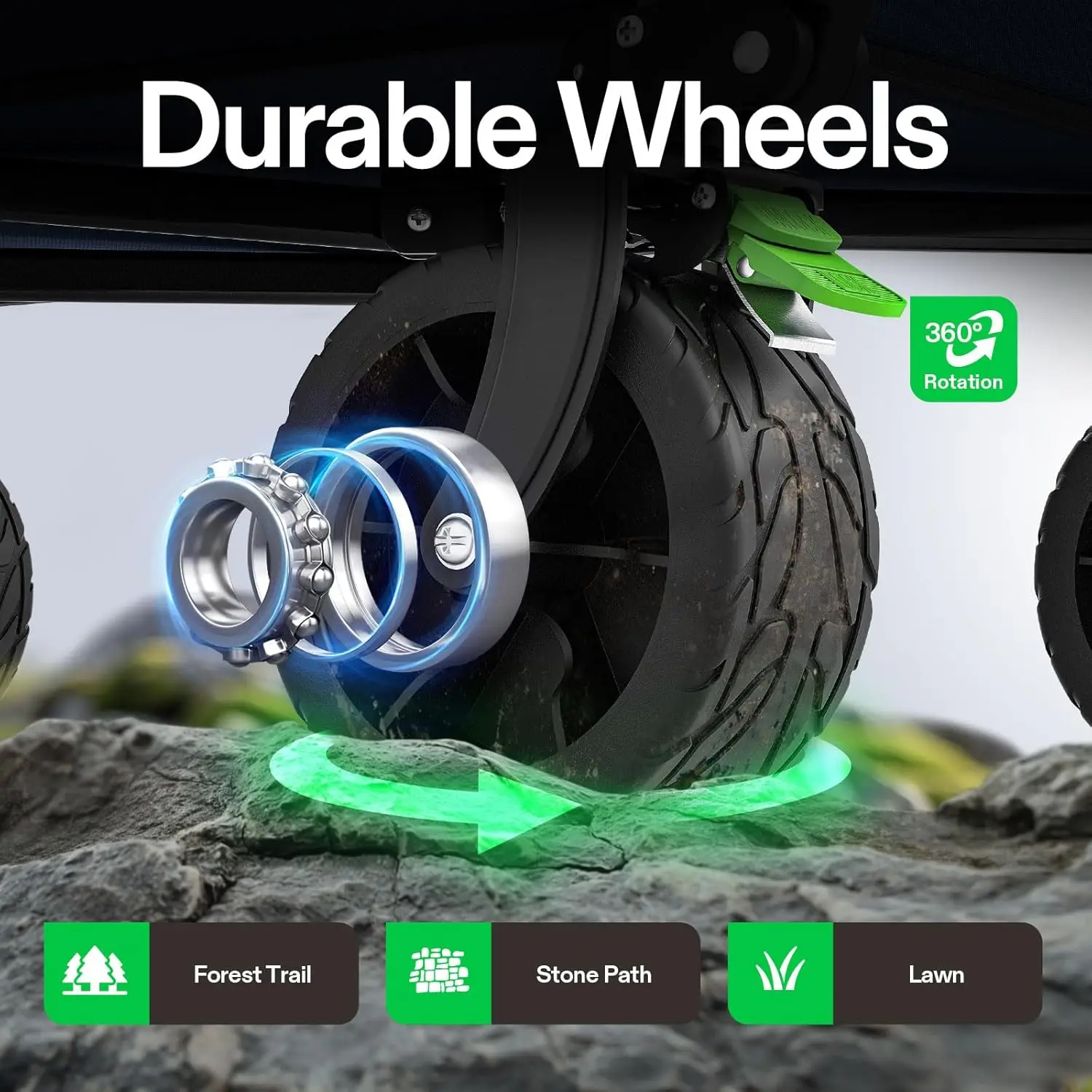 عربة قابلة للطي مع عجلات صامتة لجميع التضاريس، ومقبض قابل للتعديل، وحاملات أكواب وجيوب للاستخدام الخارجي