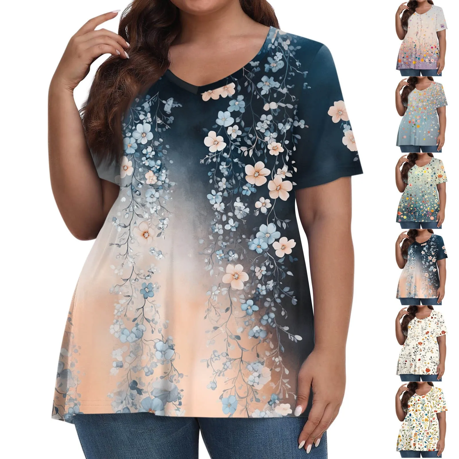 Plus size zomer losse t-shirt damesmode casual v-hals trui korte mouw groot formaat bloemen bedrukte t-shirts top