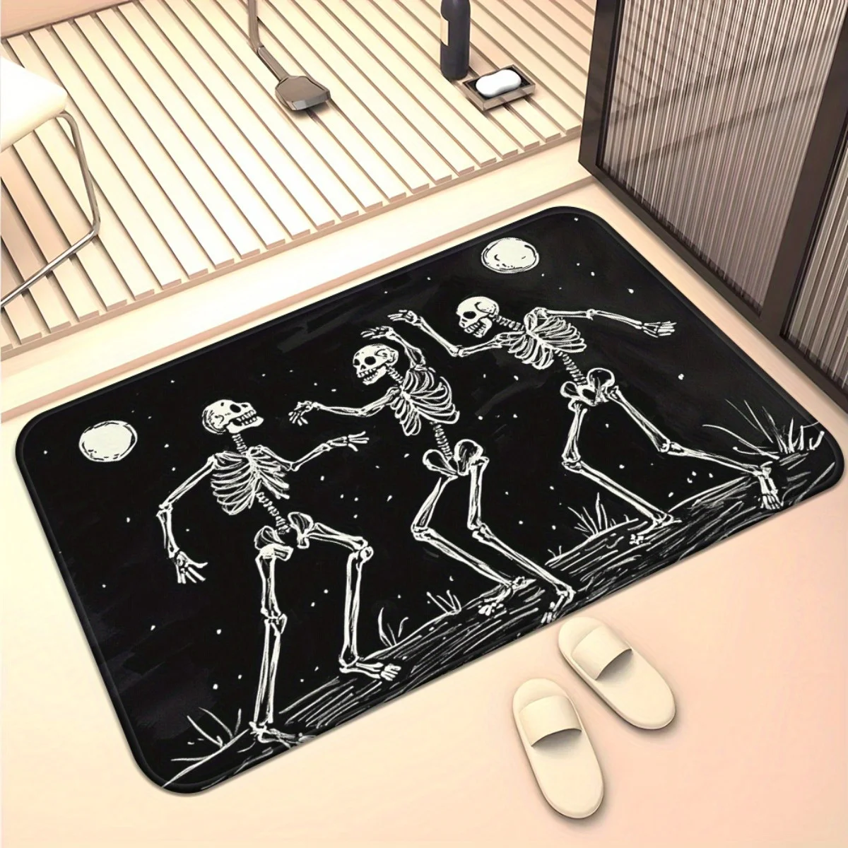 1pc Dancing Skeletons in Black Door Mat. Bathroom Floor Mat, Microfiber Absorbent Machine Washable Polyester Rug for Bedroom,