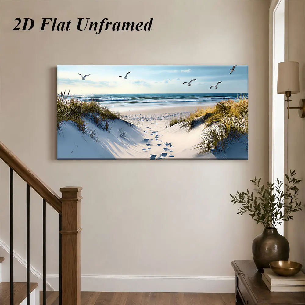 1 piece of frameless decorative painting on the beach, depicting the scenery of waves, seagulls, and modern minimalist style, 2D