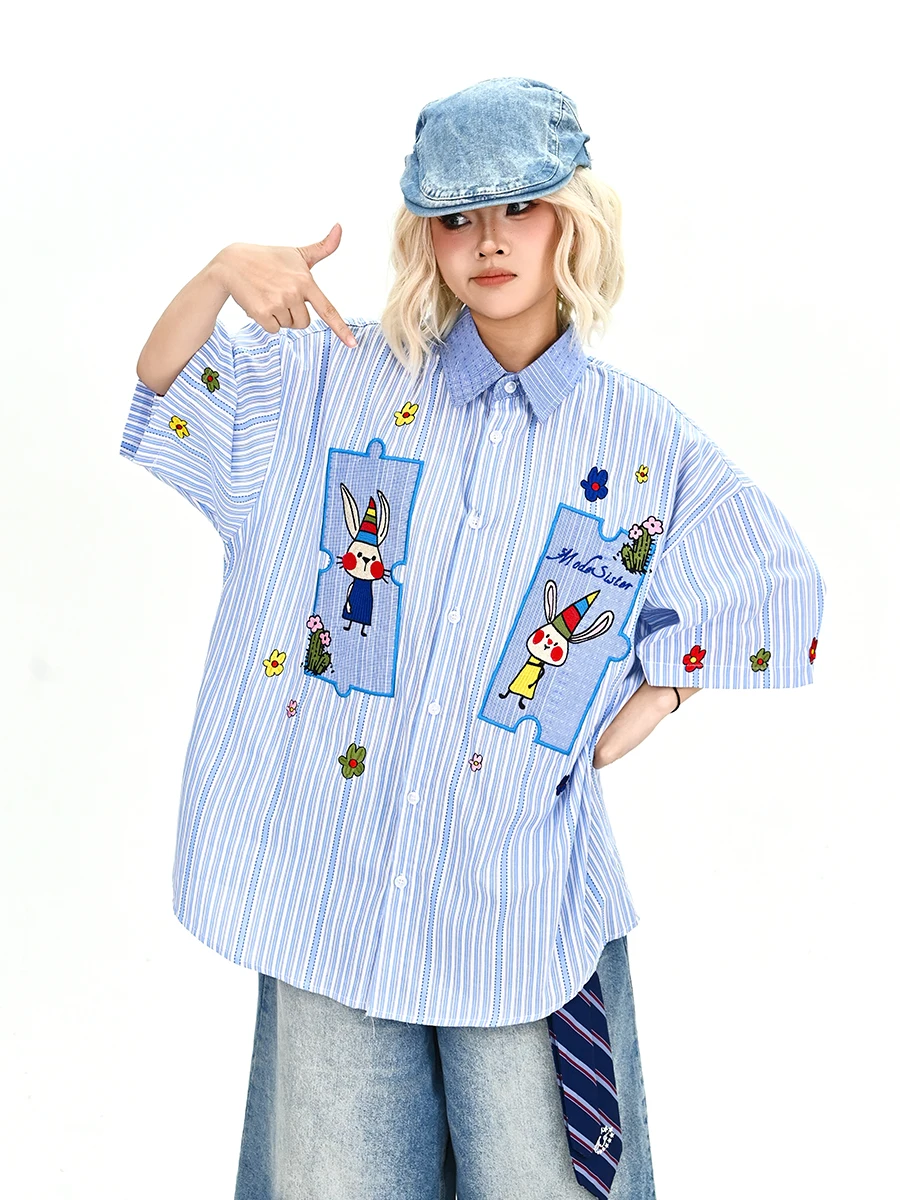 

Lazy Rabbit Stripe ort Sve Loose Women's irt Summer 2026 New Sle BF Japanese Retro College Street Sle Top