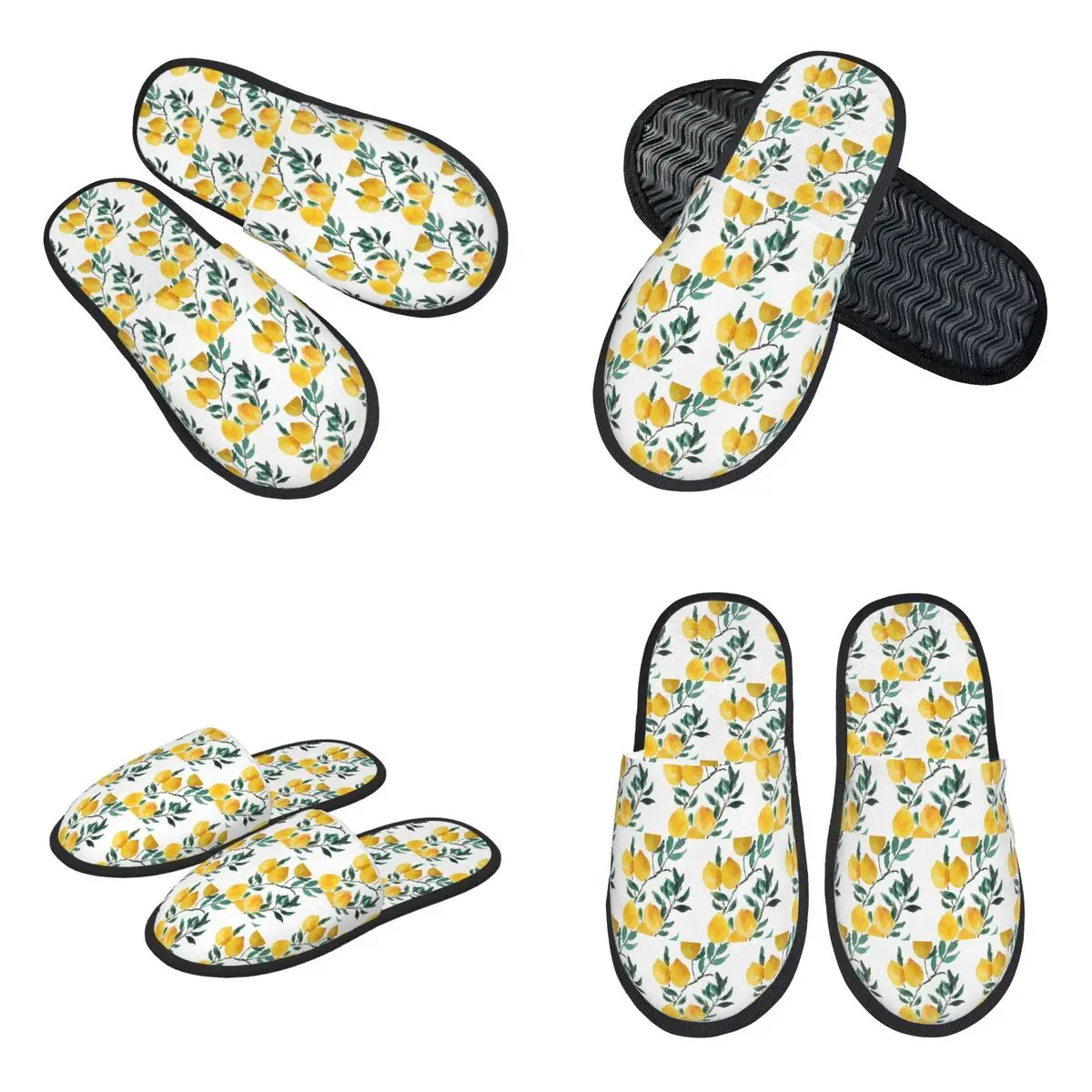 Custom Hand Painted Yellow Lemon Watercol Slippers Memory Foam Warm Soft Women House Slipper Bedroom Fluffy Shoes