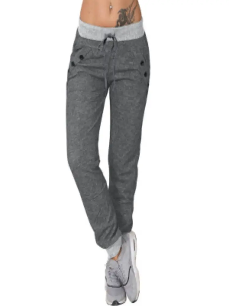 Pantalon à taille haute solide, pantalon de jogging long décontracté avec poches pour toutes les saisons, vêtements pour femmes