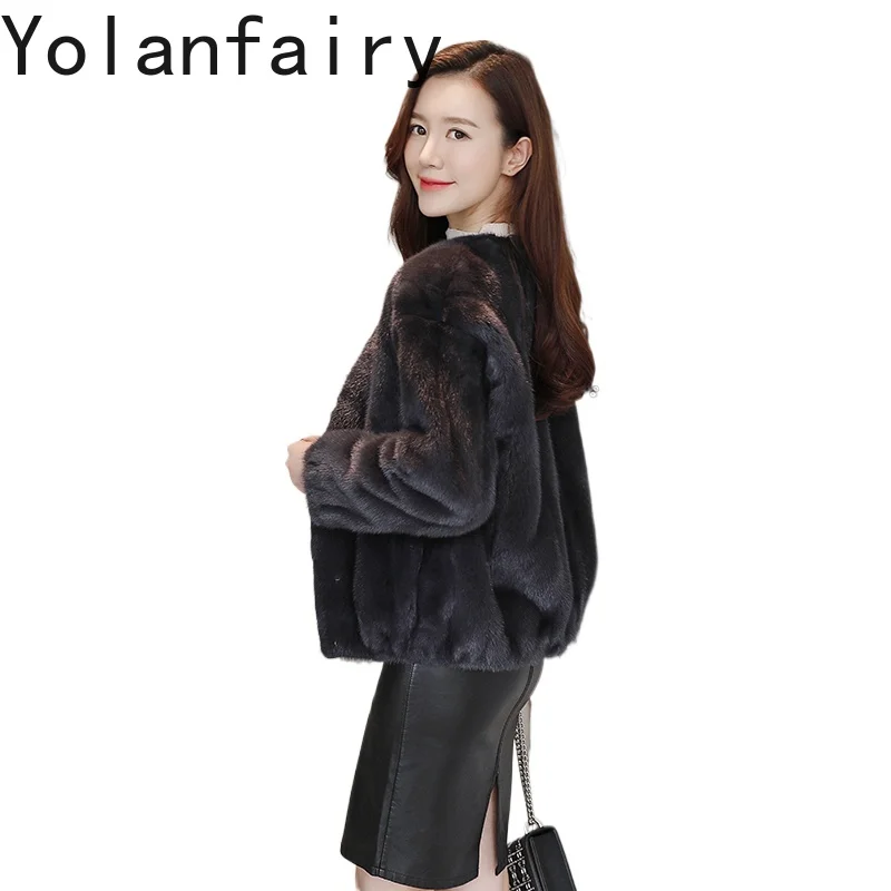 YOLANFAIRY معطف فرو طبيعي قصير امرأة المنك سترة الشتاء موضة الخامس الرقبة عالية الجودة معاطف وسترات فرو المنك كاملة Casacos