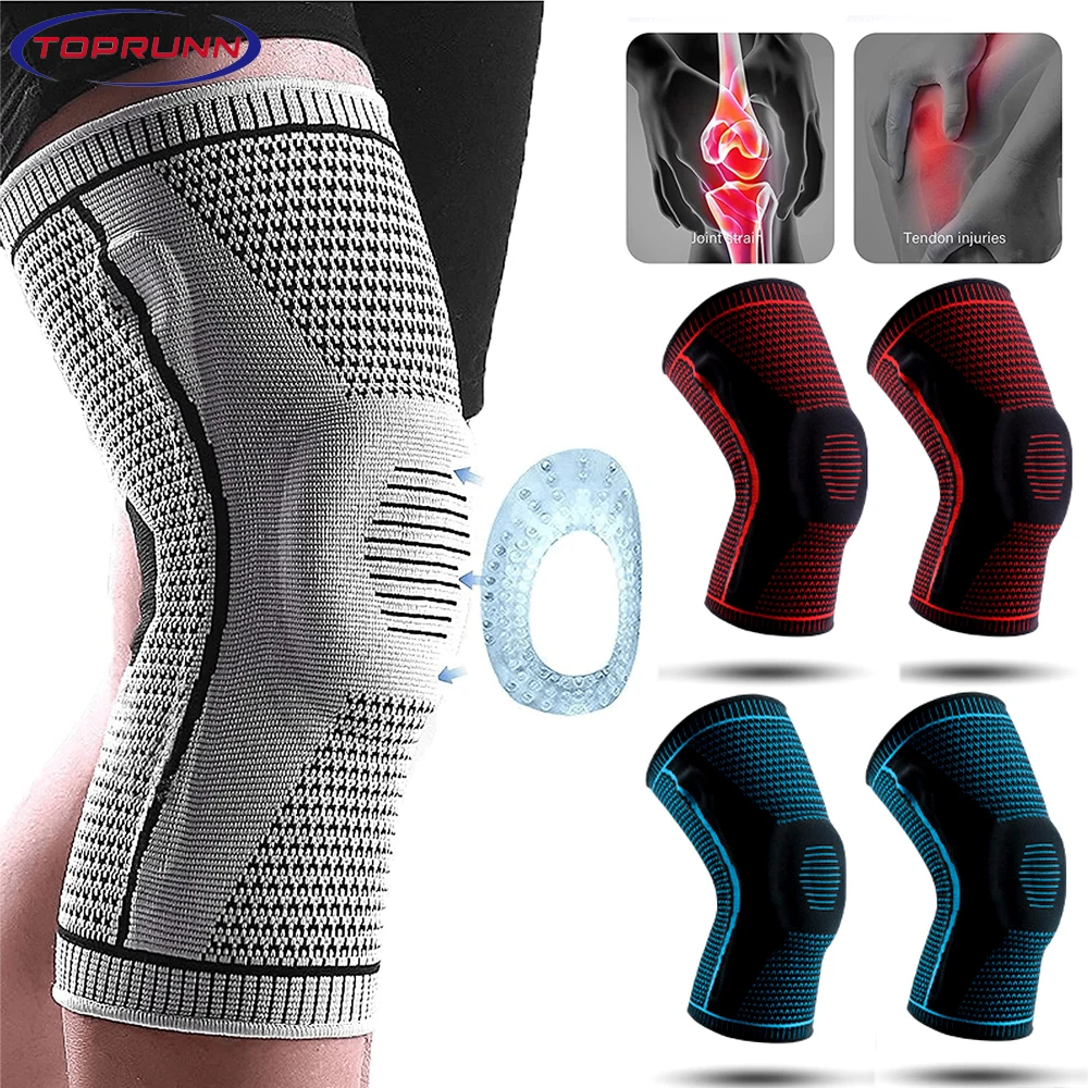 2pcs Knee Compression Sleeve-Professional Knee Brace Support,Elastic Non-slip Knee Wraps Patella Stabilizer&Silicone Gel Spring