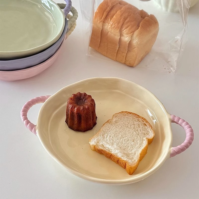 French color blocked double ear ceramic disc underglaze color craftsmanship household anti scald breakfast plate fruit plates