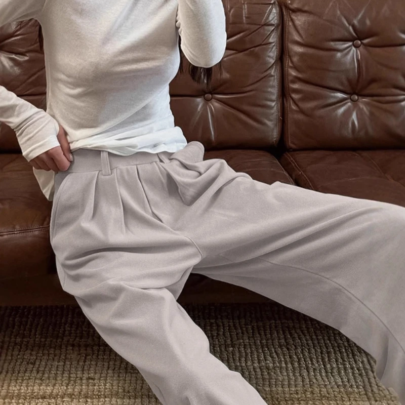 2026 Spring Minimalist Commuting Suede Loose High Waisted Casual Design Suit Pants for Women