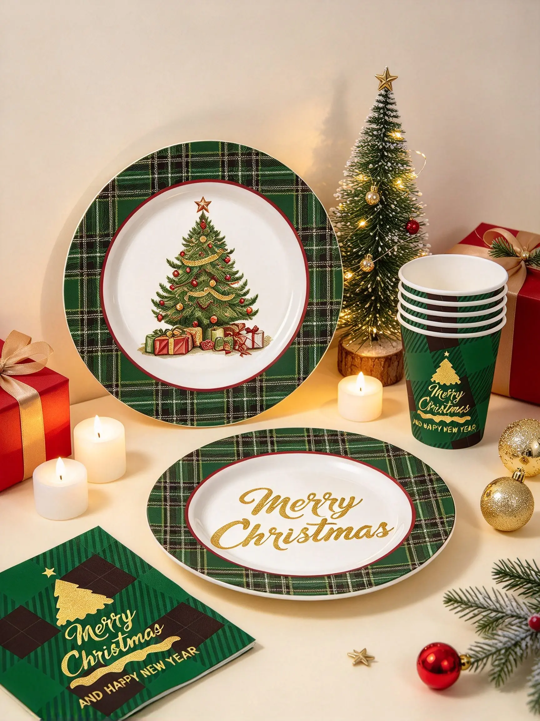 10/40/50/60/80Pcs Christmas Paper Tableware Set, Green Plaid Xmas Tree Print Plates Cups Napkins, Xmas Party Table Decor