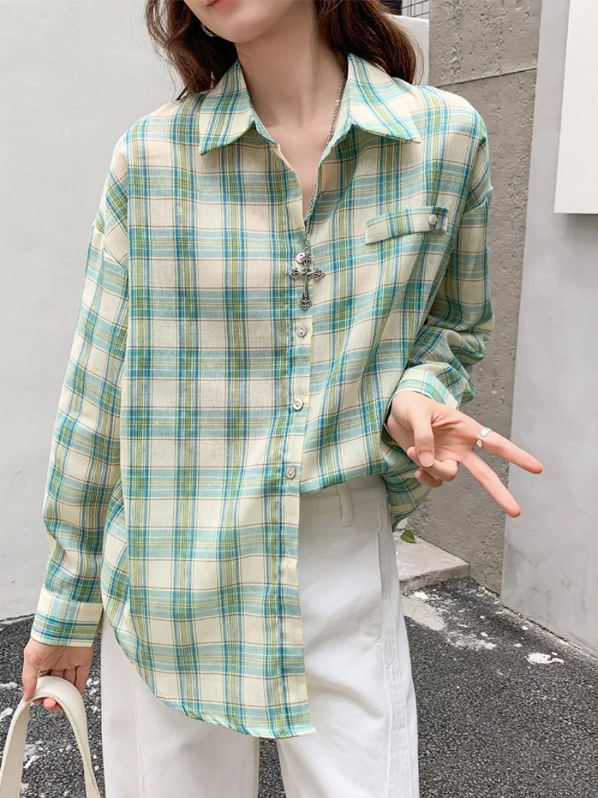 에일리언 키티 그린 선스크린 셔츠 여성 시크 루즈 2025 데일리 올 매치 플래드 젠틀 패션 풀 슬리브 오피스 레이디 코트