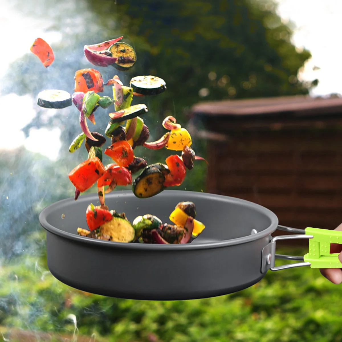 

Green Hard Alumina Lightweight Durable Camping Cookware Set for Outdoor Cooking Portable Picnic Tableware for 1-2 People Travel