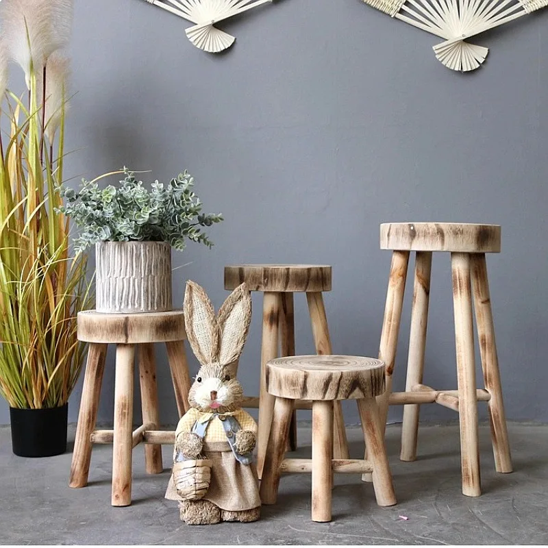 Solid Wood Vintage Stool Rustic Farmhouse Window Seat Plant Display Stand