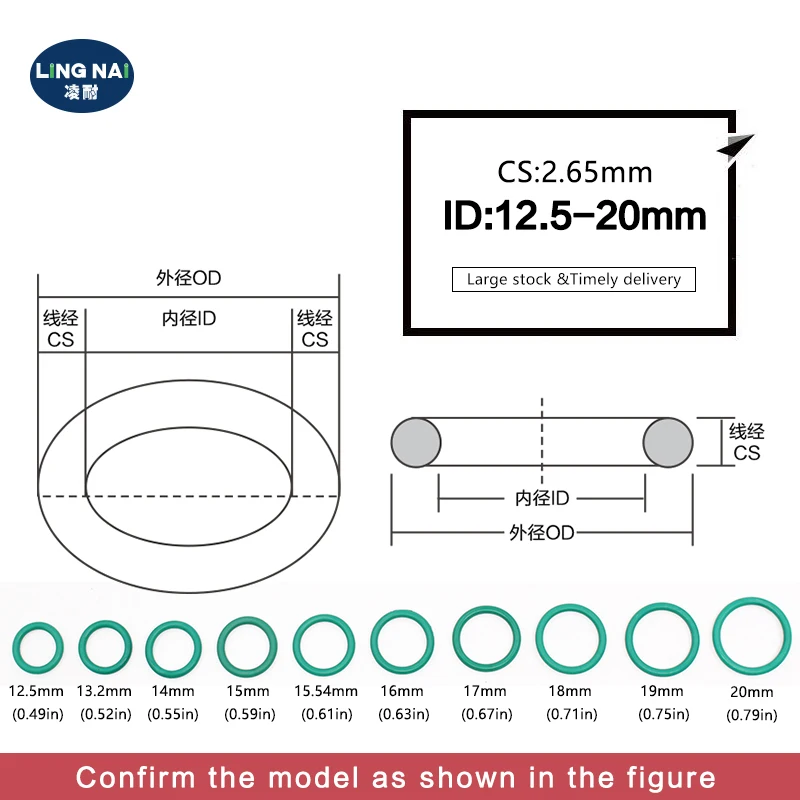 10PCS Fluorine rubber Green FKM O ring Seal 2.65mm Thickness ID12.5/13.2/14/15/15.54/16/17/18/19/20mm Rubber ORing Seal Gasket