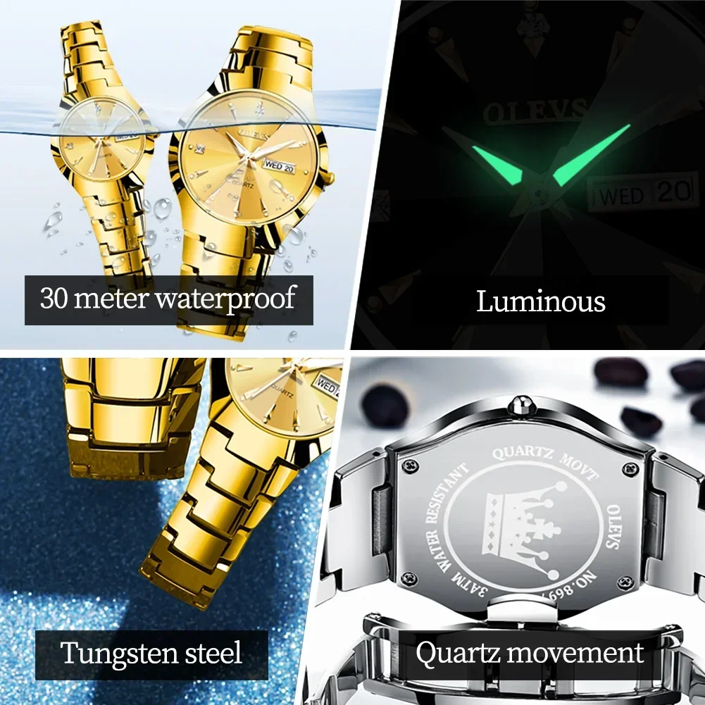 OLEVS, relojes de cuarzo de lujo para hombre, correa de acero de tungsteno dorado, relojes para hombre, reloj de pulsera de negocios con fecha luminosa resistente al agua y semana