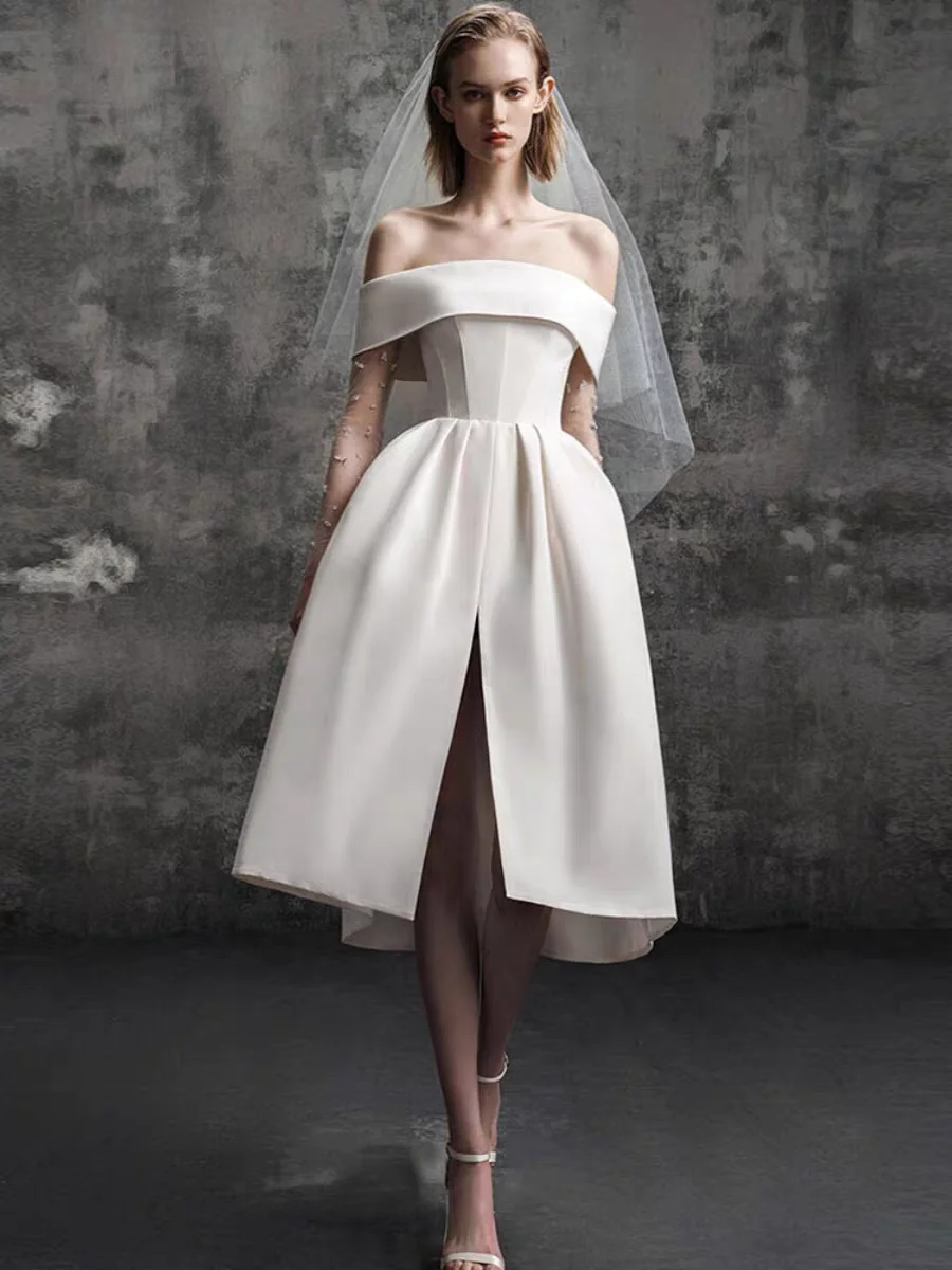 

Ele White Satin Evening Dr One oulder Sle for Women Birthday Celebration Travel Photoaphy Registration Ceremony