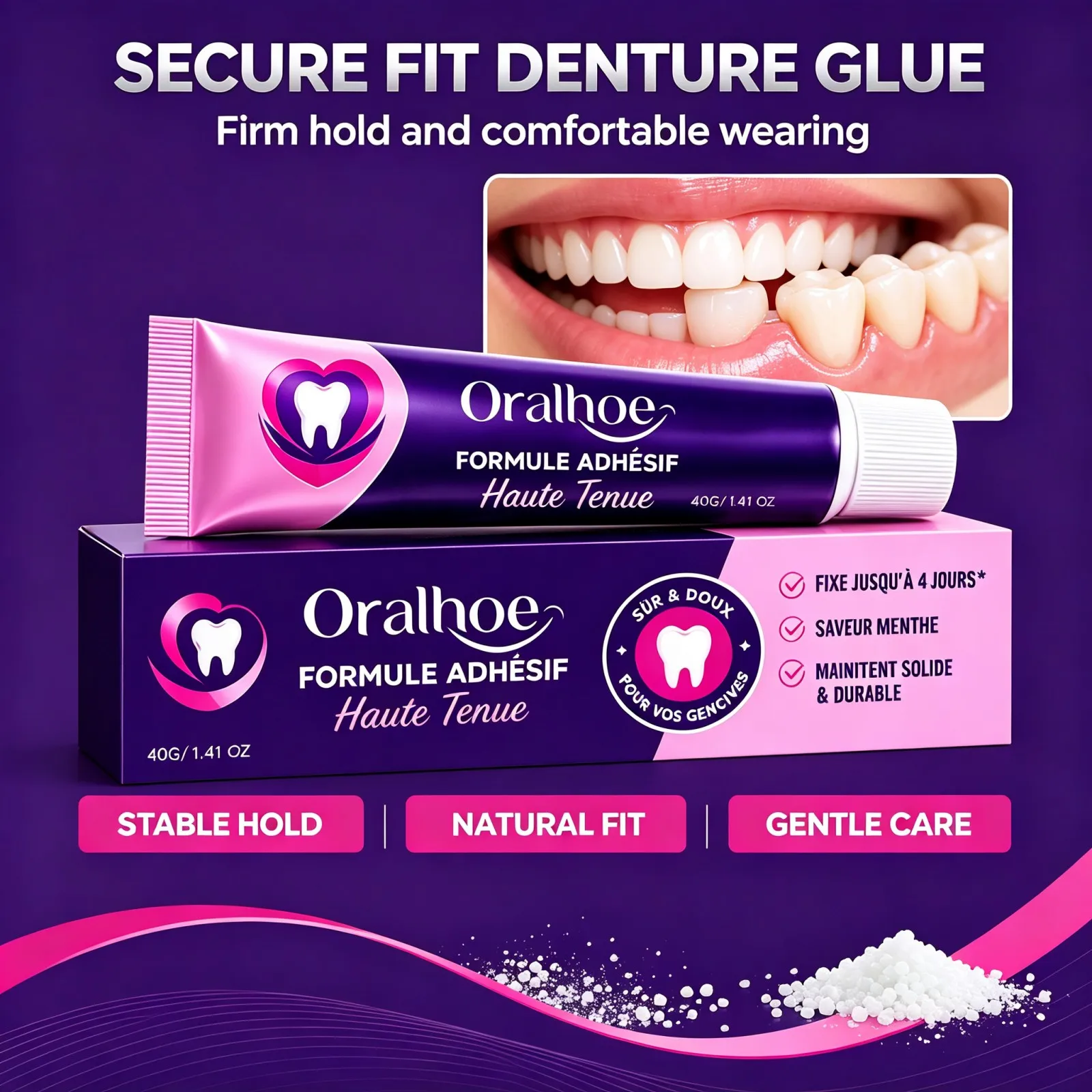 Denture Adhesive 40g Confident Eating Talking Comfortable Fit Long Lasting Hold Mint Flavor Portable Daily Oral Care for Seniors