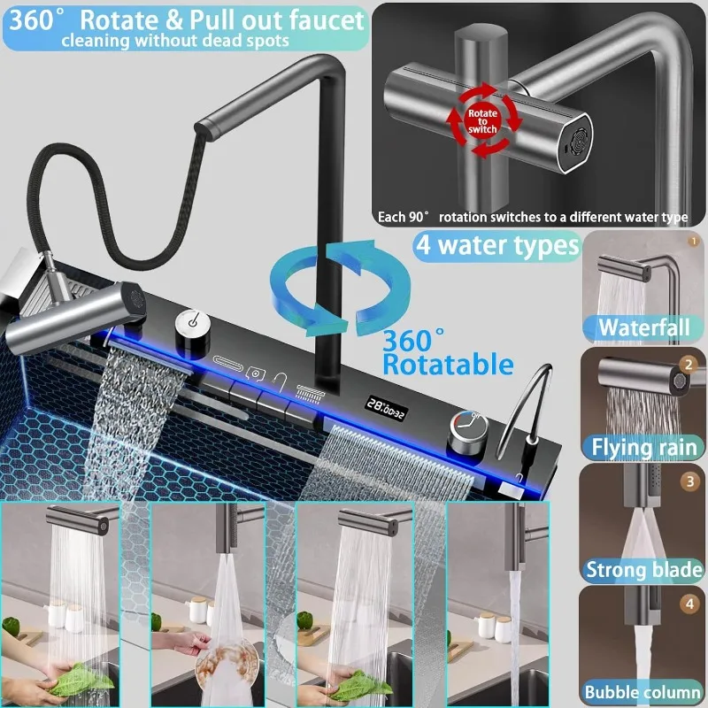 อ่างล้างจาน วางในอ่างล้างจานในน้ําตก เวิร์คสเตชั่นพร้อม Faucet Combo และ Sink Cup Washer สแตนเลสชามเดี่ยว Modern Smart