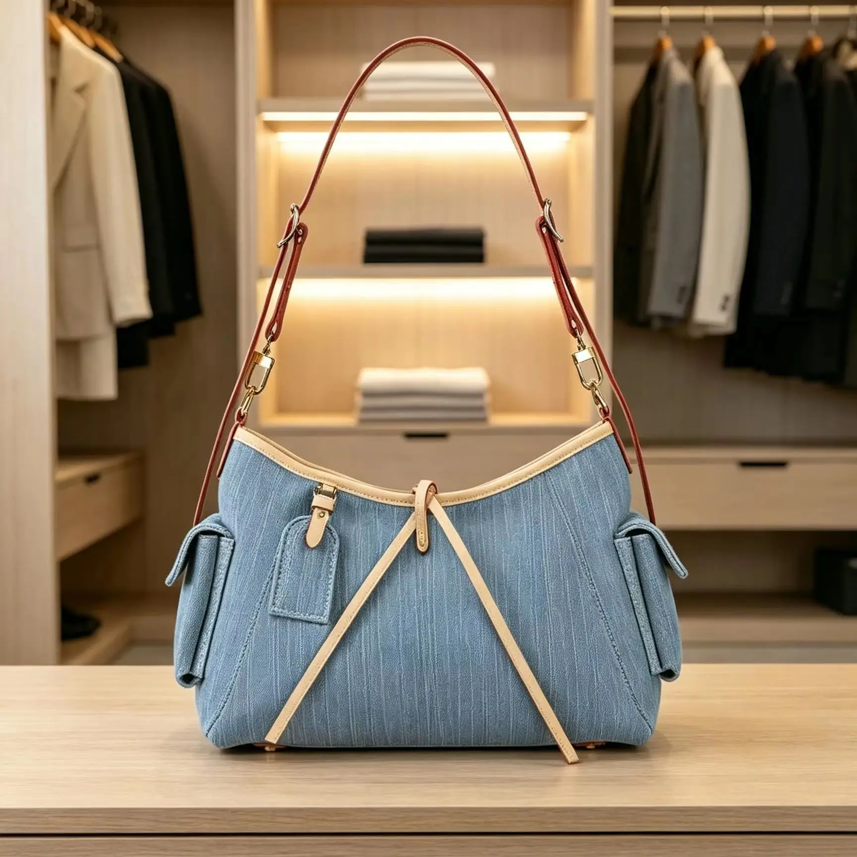 Denim Faux Leather Hobo Shoulder Bag Multi Pocket Large Capacity Underarm Handbag Ladies Casual Crossbody Purse