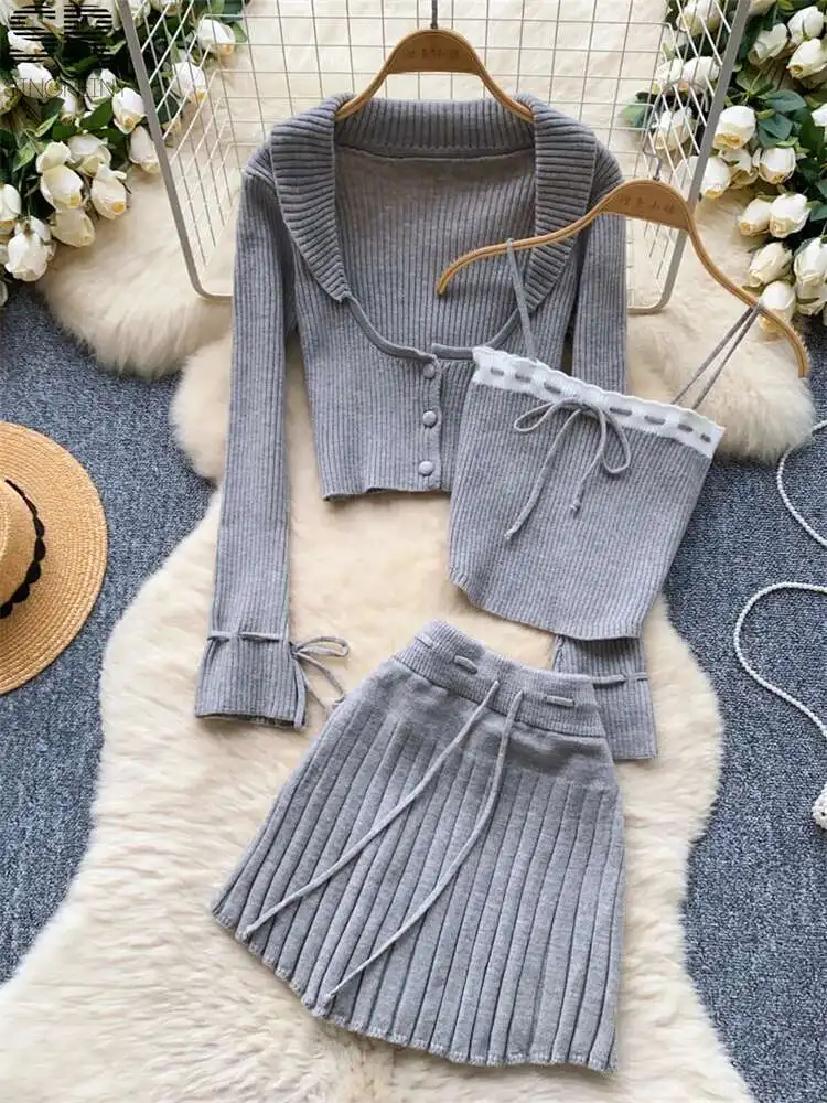 BabYoung Solid Knitting 3Pcs Suits Women Strappy Slim Camis+Button Cardigan+Pleated Drawstring Skirt Fashion Temperament Sets