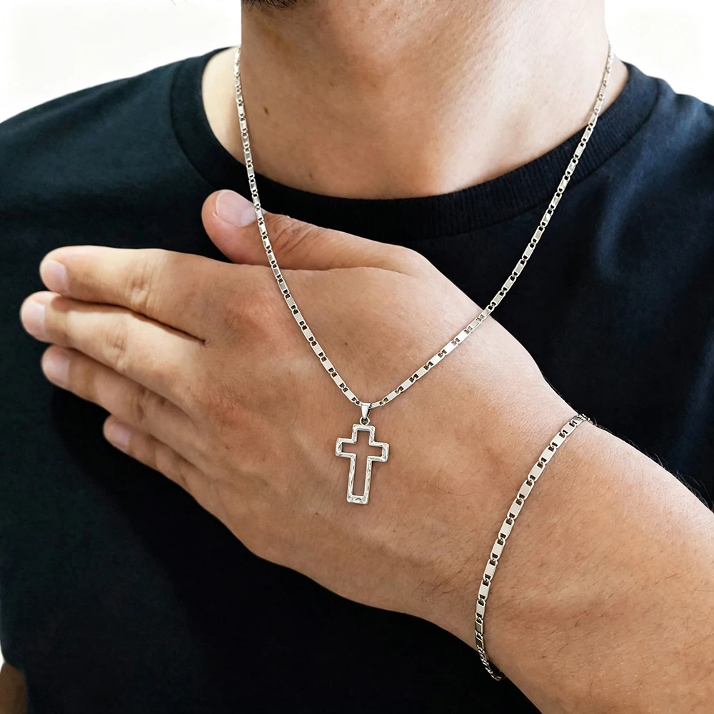 Stainless Steel Cross Pendant Necklace with Textured Finish—Men's Everyday, Date Night, and Street Style Accessories