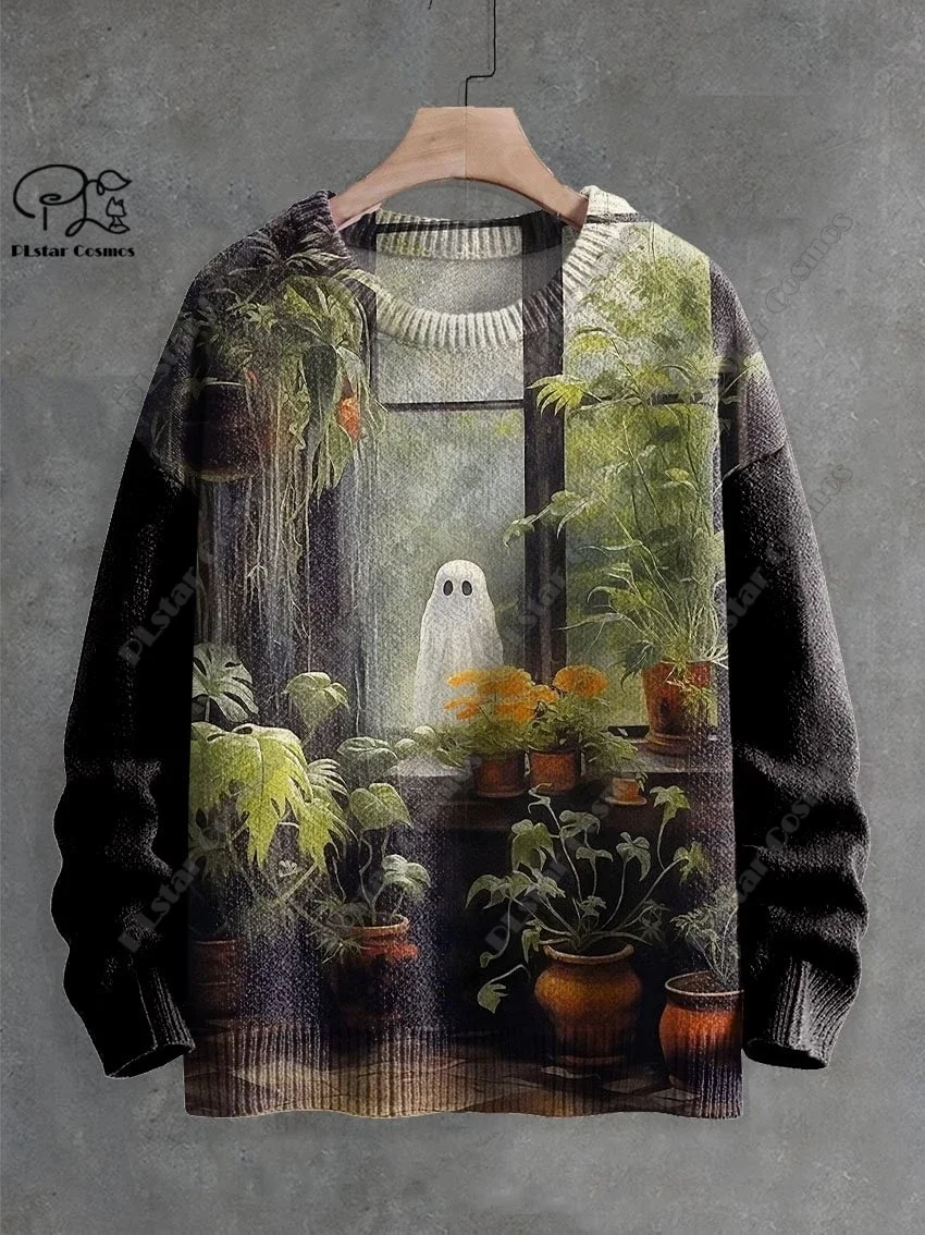 3D Printing Halloween Custom Series Horror Ghost Skull Witch Black Cat Pattern Ugly Sweater Street Casual Winter Sweatshirt W-8