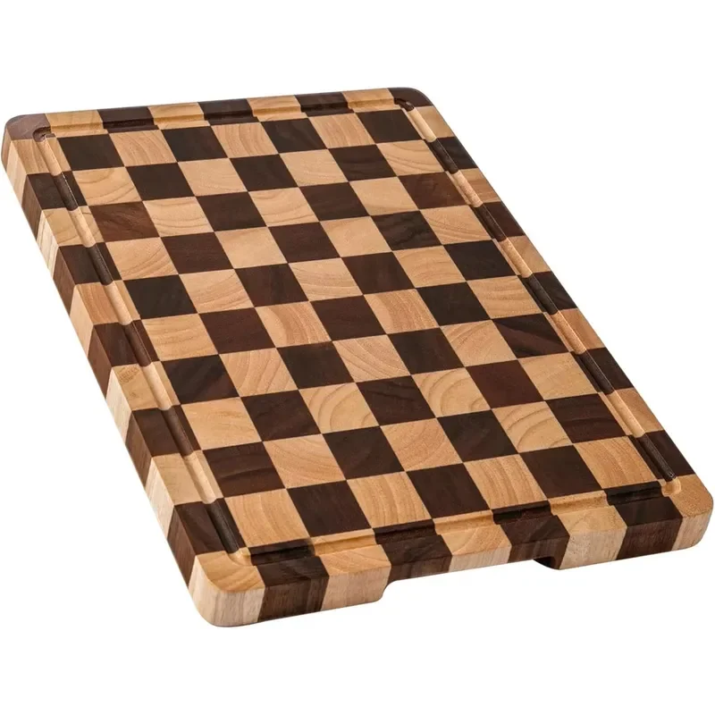 Wooden Plaid Cutting Board Acacia Wood with Juice Groove for Kitchen Chopping Serving Tray Durable Natural Grain Design