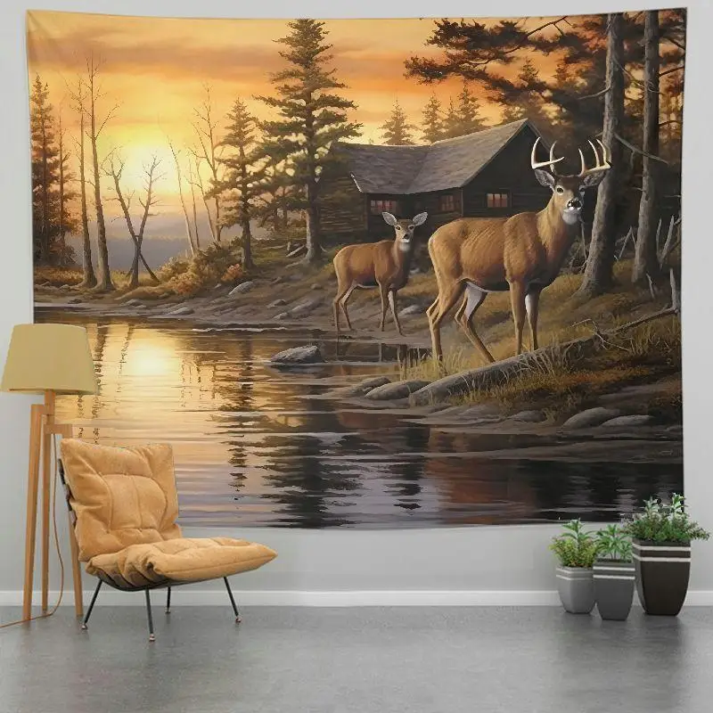 1pc Rustic Deer and Forest Scenery Tapestry - Polyester Woven Wall Hanging for Bedroom and Living Room Decor, No Electricity Nee