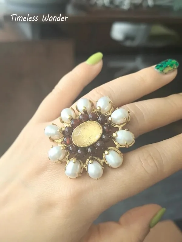 Timeless Wonder Retro Geo Stone Pearl Floral Cocktail Rings for Women Designer Jewelry Statement Top Luxury Vintage Runway 5312