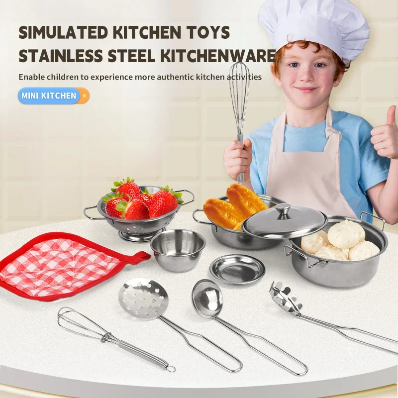

Stainless Steel Kids Kitchen Toy Set with Real Metal Cooking Utensils Pots Pans - Pretend Play Accessories for Children