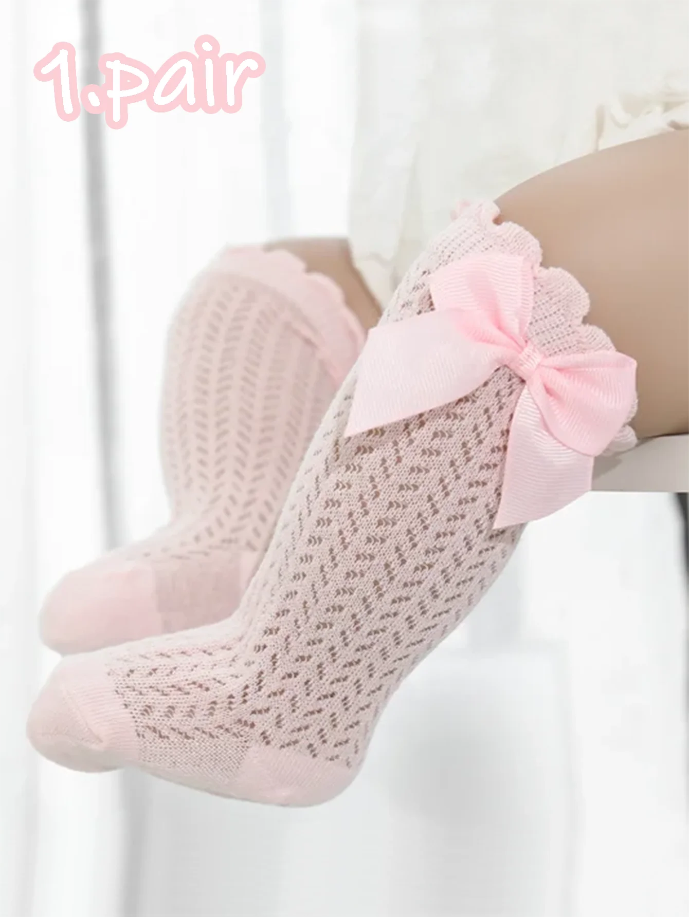 

1 пара хлопковых носков до колена с бантом для маленьких девочек, летние сетчатые нескользящие длинные носки для младенцев в возрасте от 0 до 72 месяцев, для повседневной носки