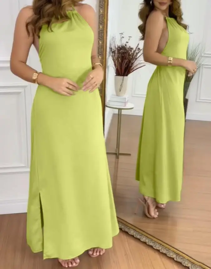 

Elegant Women's Dresses Summer sexy halter neck tie sleeveless backless long skirt casual shirt split vacation dress long dresse