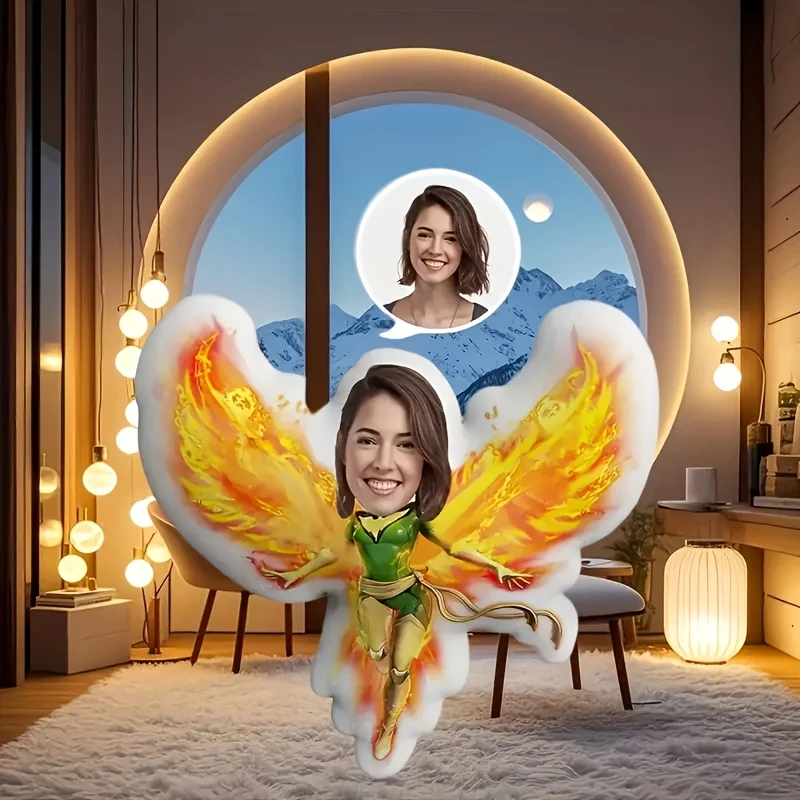 A Custom Golden Angel Throw Pillow Featuring Personalized Portraits and Fun Themed Designs, with Double-sided Digital Printing.
