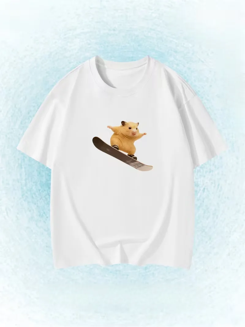 Funny Snowboarding Hamster Animal Print Free Clothing Clearance Women 2000s Y2k Clothes Cute Meme Short Sleeve Casual Summer Top