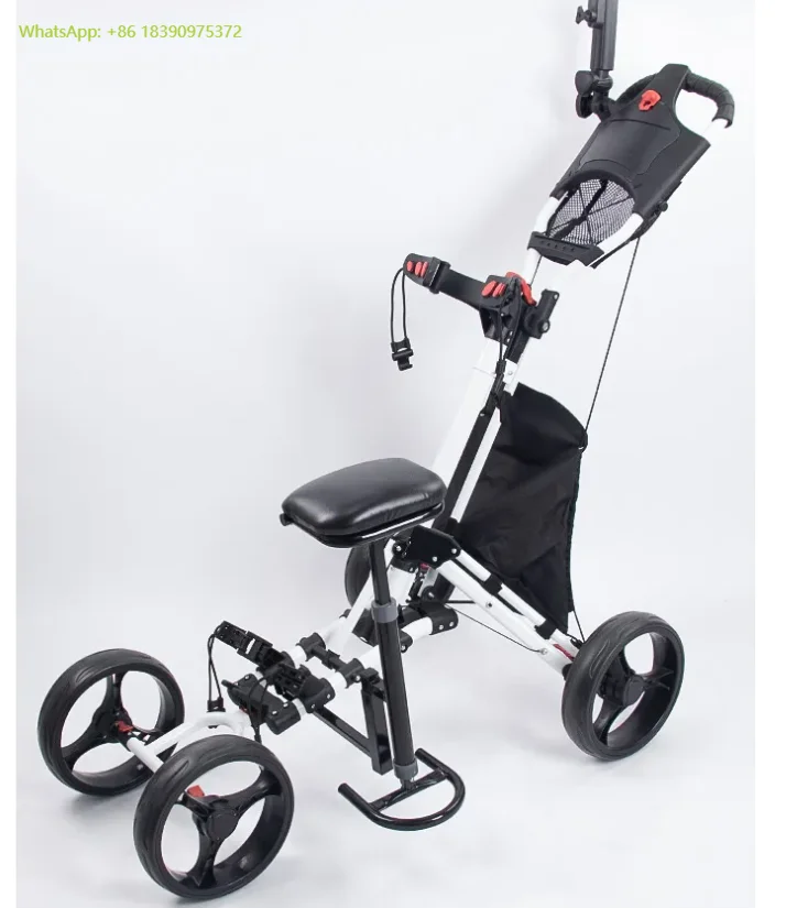 

Golf Push Pull Cart With Seat Lightweight Foldable 4 Wheels Golf Trolley With Foot Brake