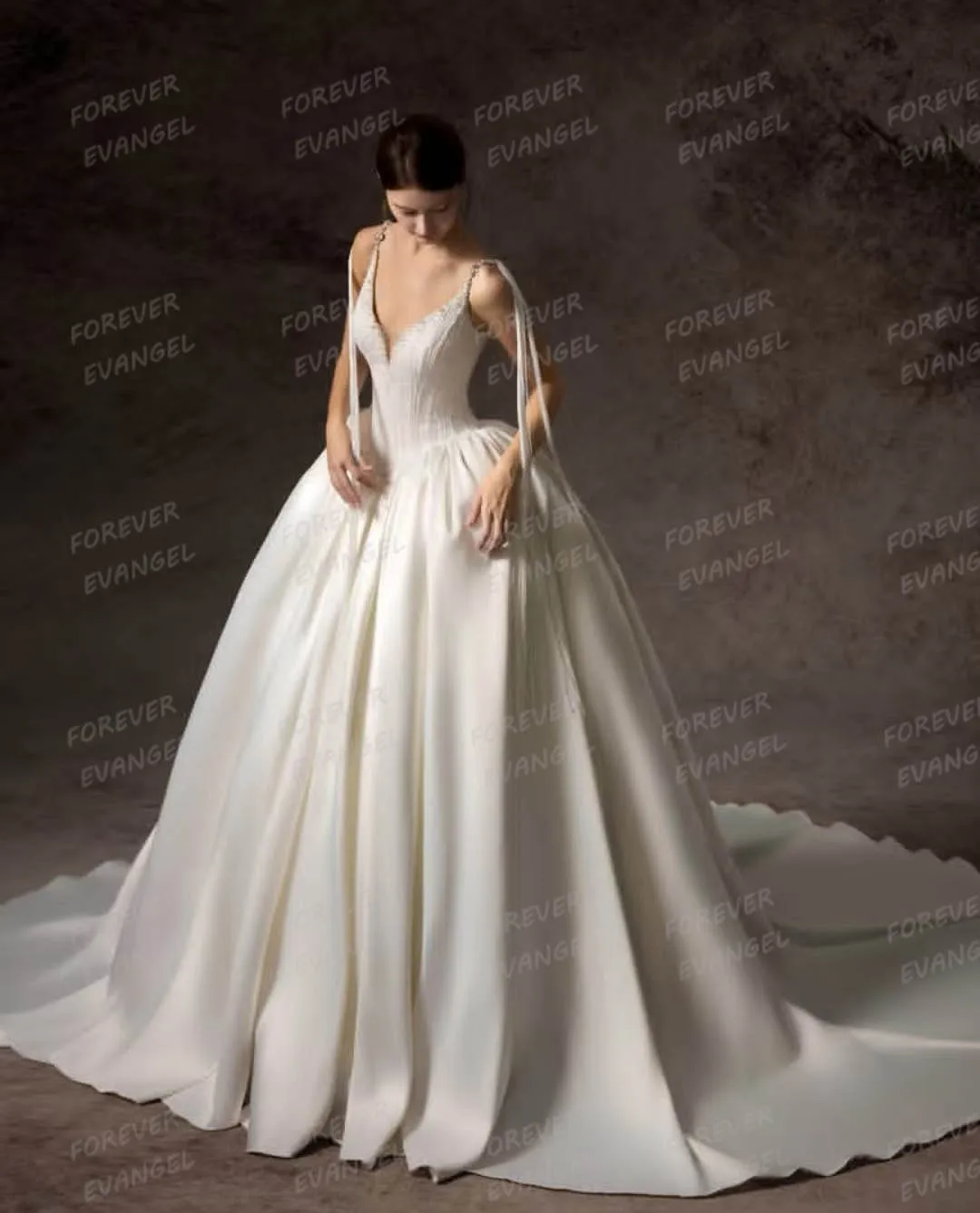 

Simple Formal Wedding Dresses Woman A Line V Neck Sweep Train Satin Bride Gowns Sleeveless Beads Customized Vestidos De Novia