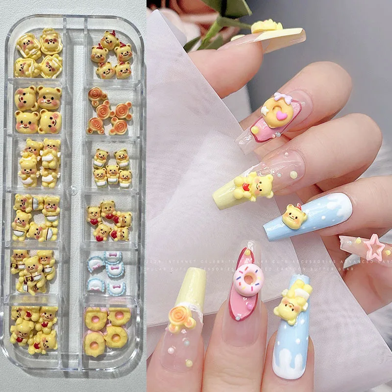 12 Grid Kawaii Cartoon Butter Bear Mixed Nails Patches DIY Manicure Materials Nail Arts Jewelry Accessories Decoration Girl Gift