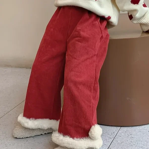 Girls Pants 2024 Winter New Childrens Clothes Baby Girls Fashion Cute Corduroy Fluff Edge Straight Pants Casual Simple Daily