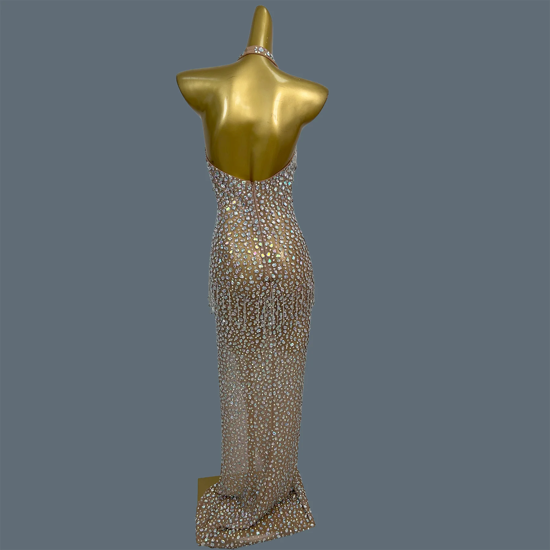 Women Sexy Sparkly Crystals Tassel Evening Gown High Slit Deep V-neck Hanging Neck Elegant Luxury Mesh Long Dress Wulongweibo