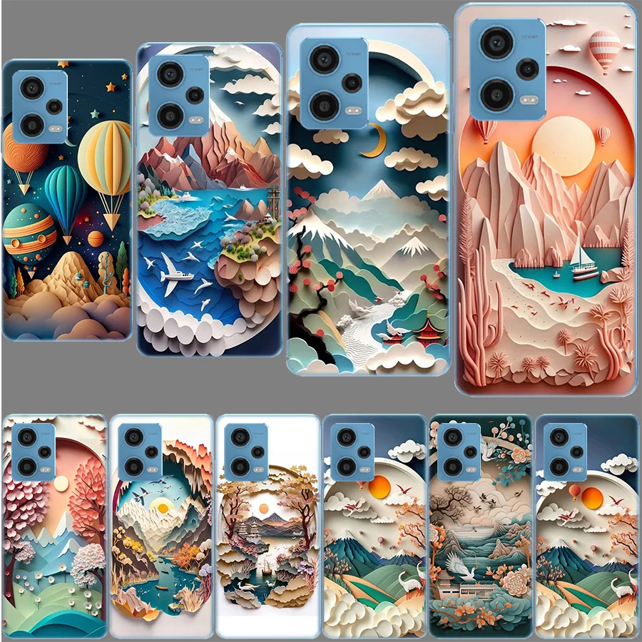 Paper Cuttings Mountains and Rivers Case for Redmi Note 12 Pro 11 Pro Plus 12S 11S 11T 11E 10 5G 10S 9S 9T 9 8T 8 7 Phone TPU Cl